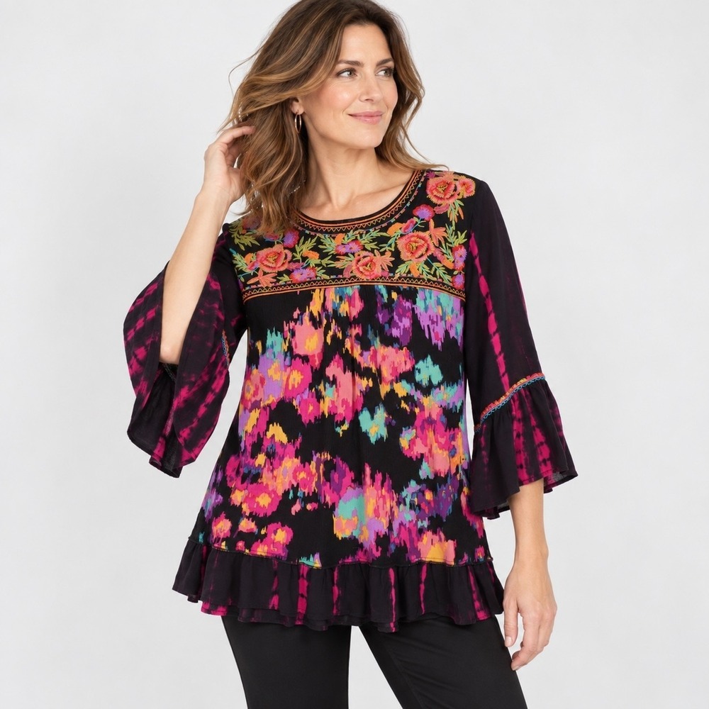 Calessa Floral Tunic Top Womens M Black Colorful Embroidered Bell Sleeve Casual